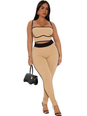 Fashion Nova Beige Two-Piece Jumpsuit Set with Black Trim